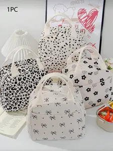 Bow flower polka dot Leopard portable lunch bag, simple and stylish portable insulated lunch box, office worker student party meal bag, niche design personality classic Joker suitable for daily commuting,