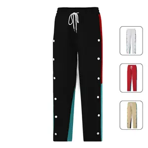 Men's contrast side-stripe buttoned straight-leg pants with an elastic drawstring waistband and slant pockets suitable for all seasons