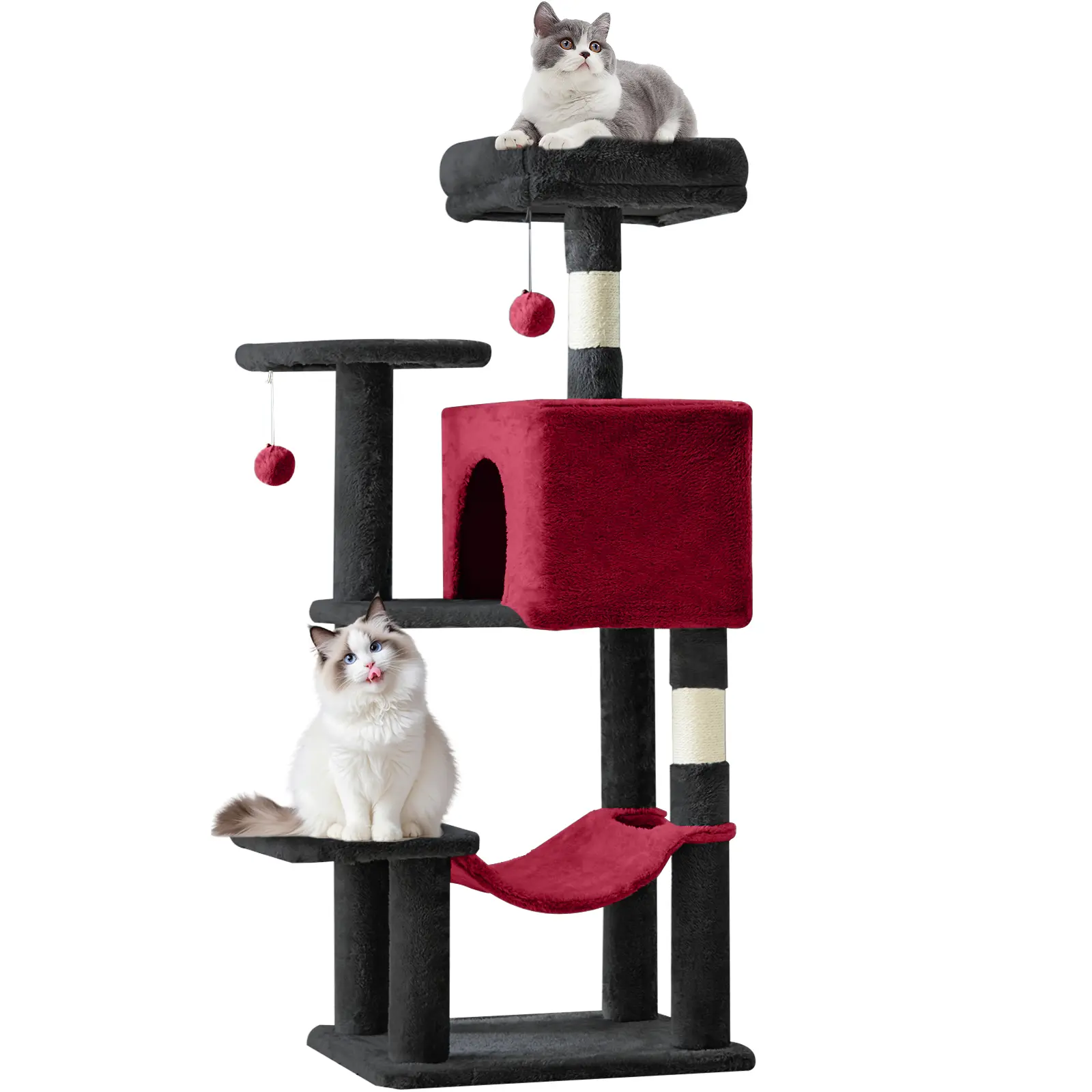 Cool Black & Red Cat Activity Center! 44Inch Dynamic Play Tower with Balls, Hammock, Sisal Posts. For Energetic Fun & Climbing.