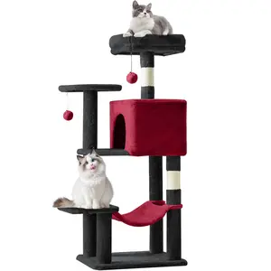 Cool Black & Red Cat Activity Center! 44Inch Dynamic Play Tower with Balls, Hammock, Sisal Posts. For Energetic Fun & Climbing.