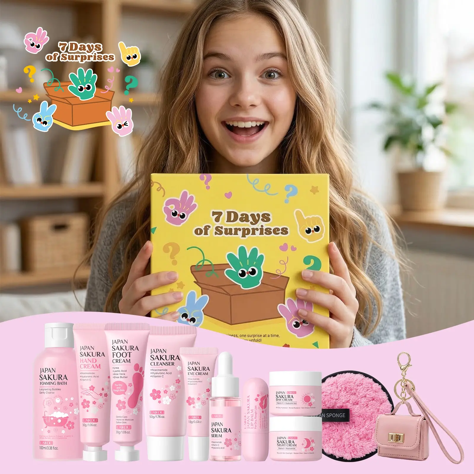LAIKOU 7-Day Holiday Countdown Mystery Box– Limited Edition Festive Beauty Advent Calendar for Skincare Lovers, Japan Sakura Skin Care Set Complete Kit for Beginners, Holiday Gifts Gifting Set for Teenagers, Women Or Girl