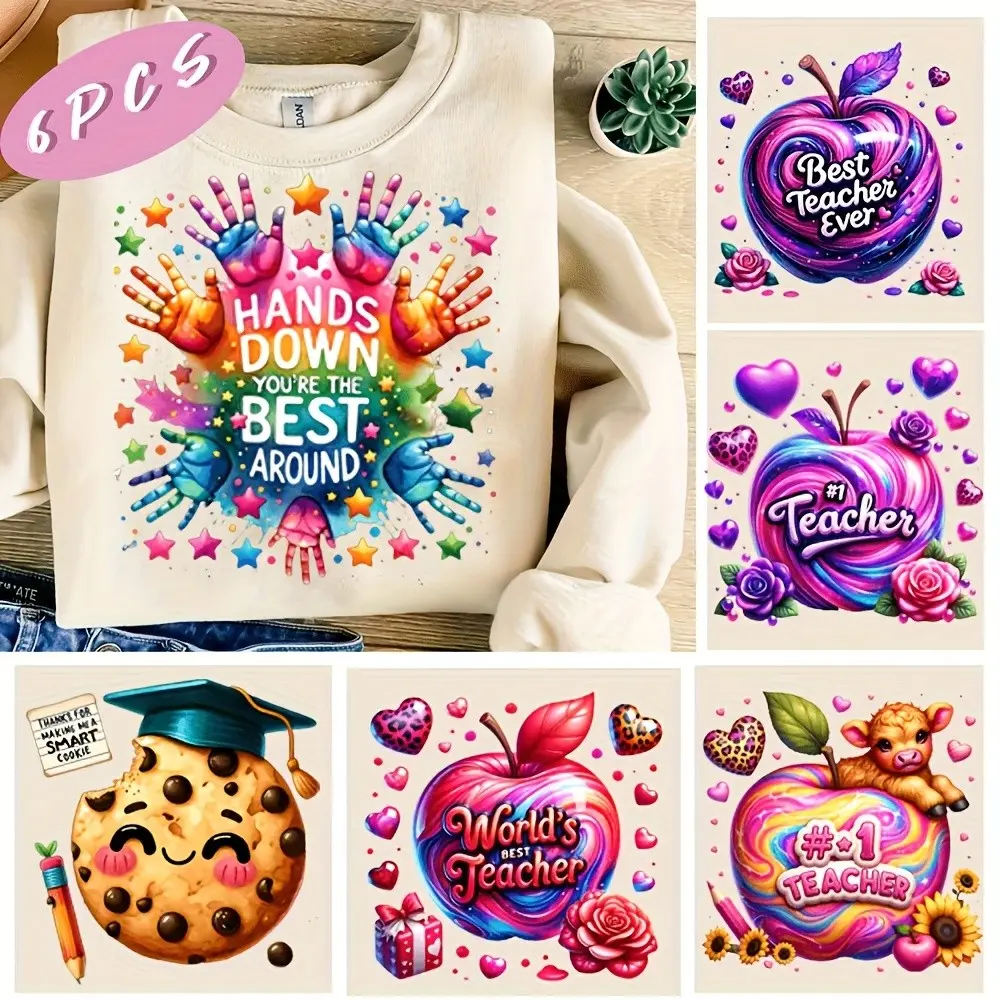 6-Pack Colorful Teacher Apple Pattern DIY Heat Transfer Stickers, Fun Teacher Apple Hot Transfer Clothing Stickers for T-Shirts