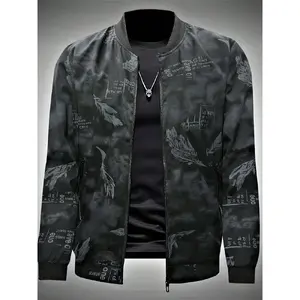 Men's Fall Jacket Printed Outerwear, Casual Jackets, Casual Outdoor Patchwork Stand Collar Baseball Flight Coat, College Style Men's Clothing, Menswear