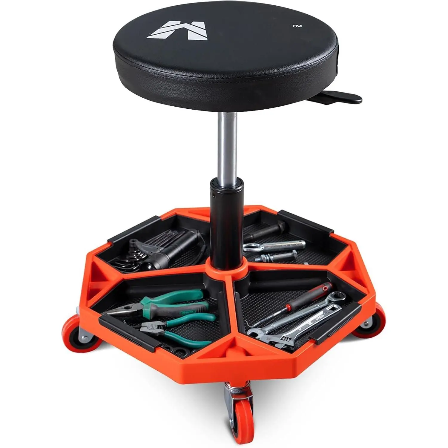 Adjustable Height Rolling Mechanic Stool, 300 LBS Garage Chair on Wheels, Rolling Workshop Stool with Cushioned Seat and Tool Trays, Ideal for Garage, Workshop, and Auto Repair