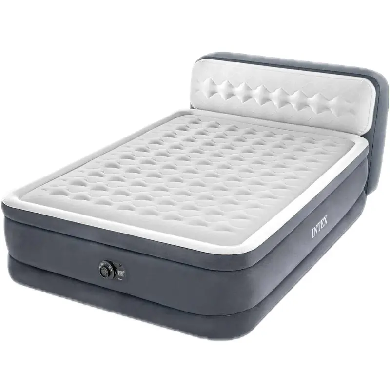 Intex 18" Pillow Top Air Mattress with Electric Pump & Integrated Headboard Queen Size Fiber-Tech Construction QuickFill Plus for Comfortable Sleep