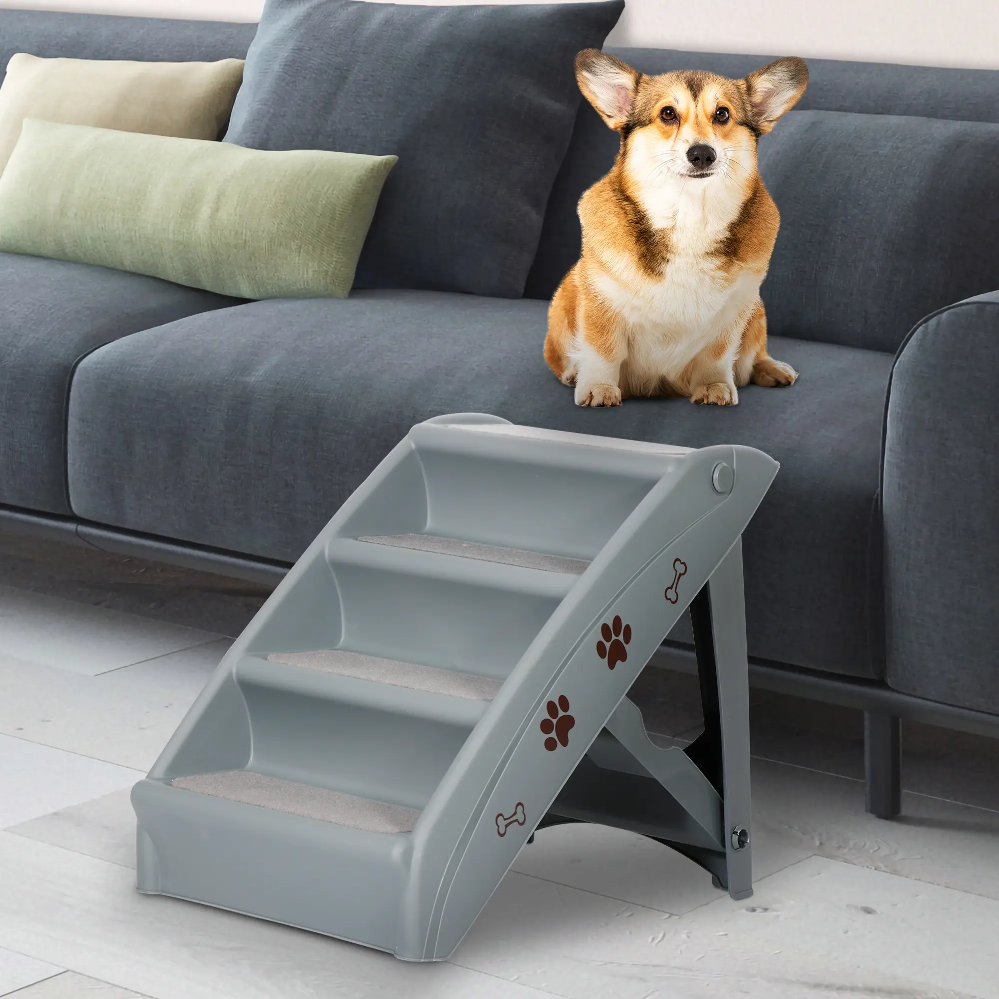 Zeny 4-Step Foldable Non-Slip Plastic Pet Stairs with Washable Carpets, Safety Rails, Anti-Skid Pads - 100lbs Capacity for Home Couch, Bed (Dogs, Cats)