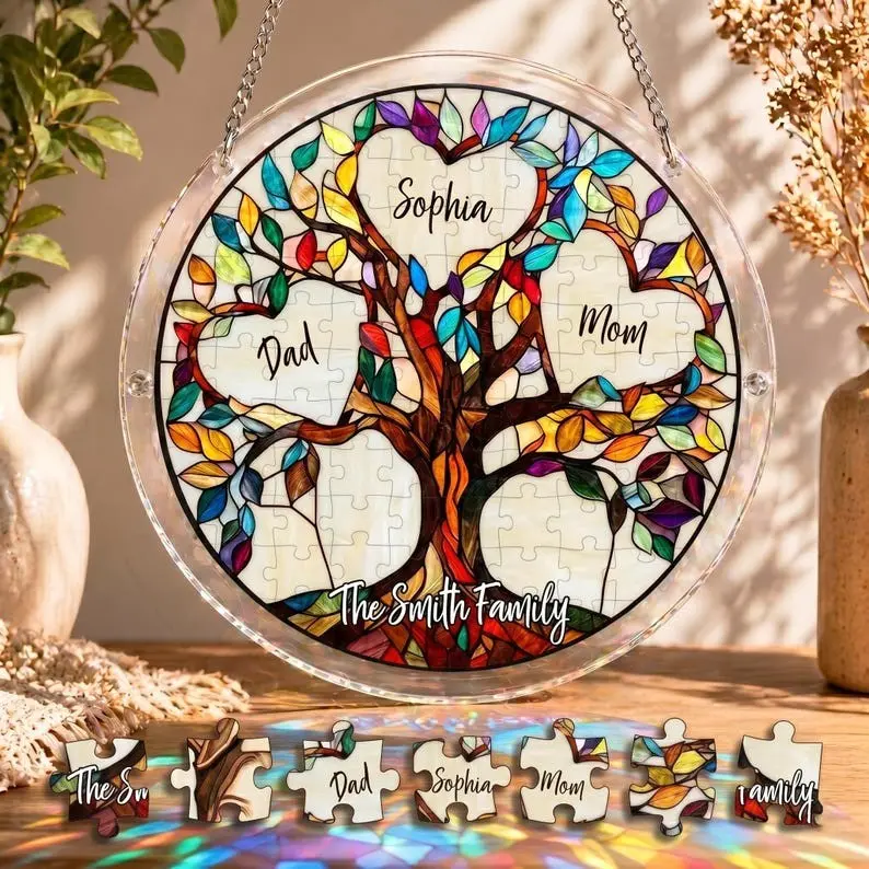 Personalized Family Tree of Life Suncatcher Puzzle DIY Kit, Birth Flower Mother's Day Gift 2026, Unbreakable Bond Window Hanging Decor Art