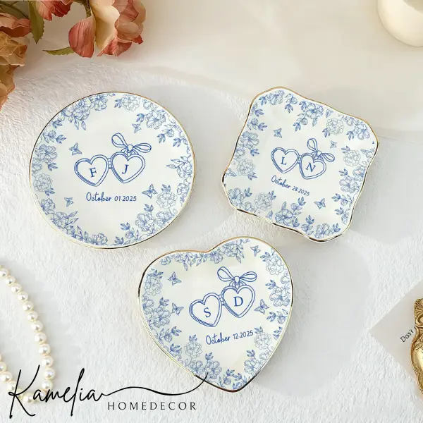 Personalized Ceramic Locked Ring Dish, Toile De Jouy Dish, Wedding Gift
