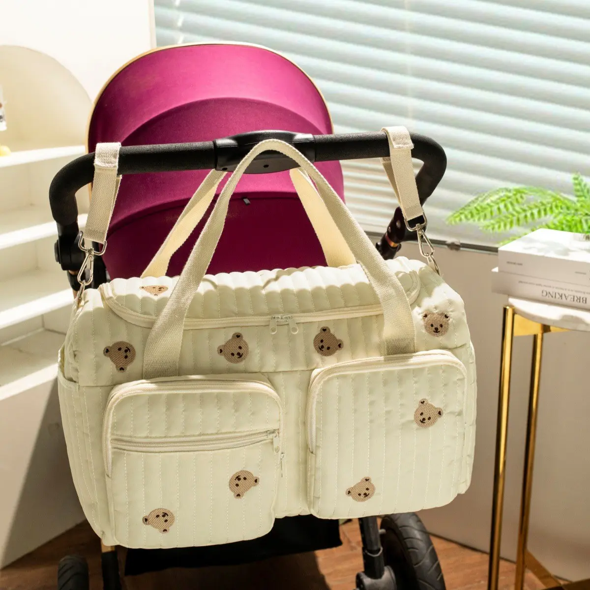 Cute Cartoon Bear Handbag for Moms, Mommy Diaper Bag, Large Capacity Multi-Pocket Baby Bag, Travel Stroller Storage Bag, Outdoor Use, Diaper Handbag Tote, Mummy Bag, Hospital Mom Bag