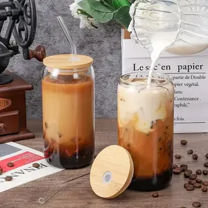 Bamboo Lid Glass Cups with Glass Straw, Beer Can Shaped Drinking Glasses, 16 Oz - Ideal for Whiskey, Soda, Tea, Water, Gift (4 Pack)