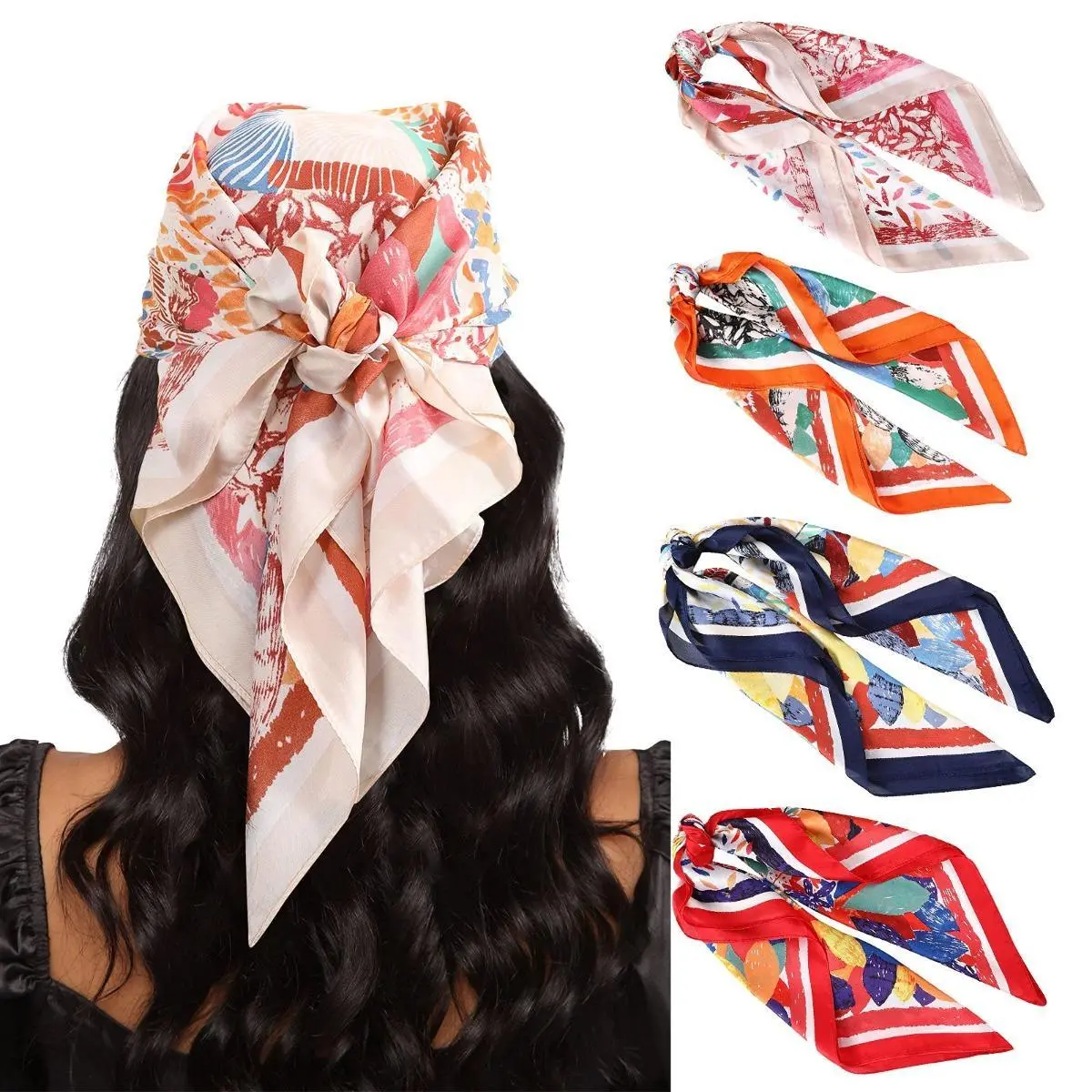 AWAYTR 4 Pack Polyester Scarf for Women, Large 27.5" Silk-Like Satin Square Headwrap, Neck Kerchief & Women's Fashion Shawl, Hair Kerchief