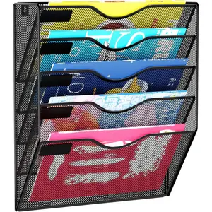 5 Pockets Hanging Wall File Organizer Mail Holder, Wall Mounted Paper Document Folder Holder, Clipboard Storage Organization Magazine Rack, Black