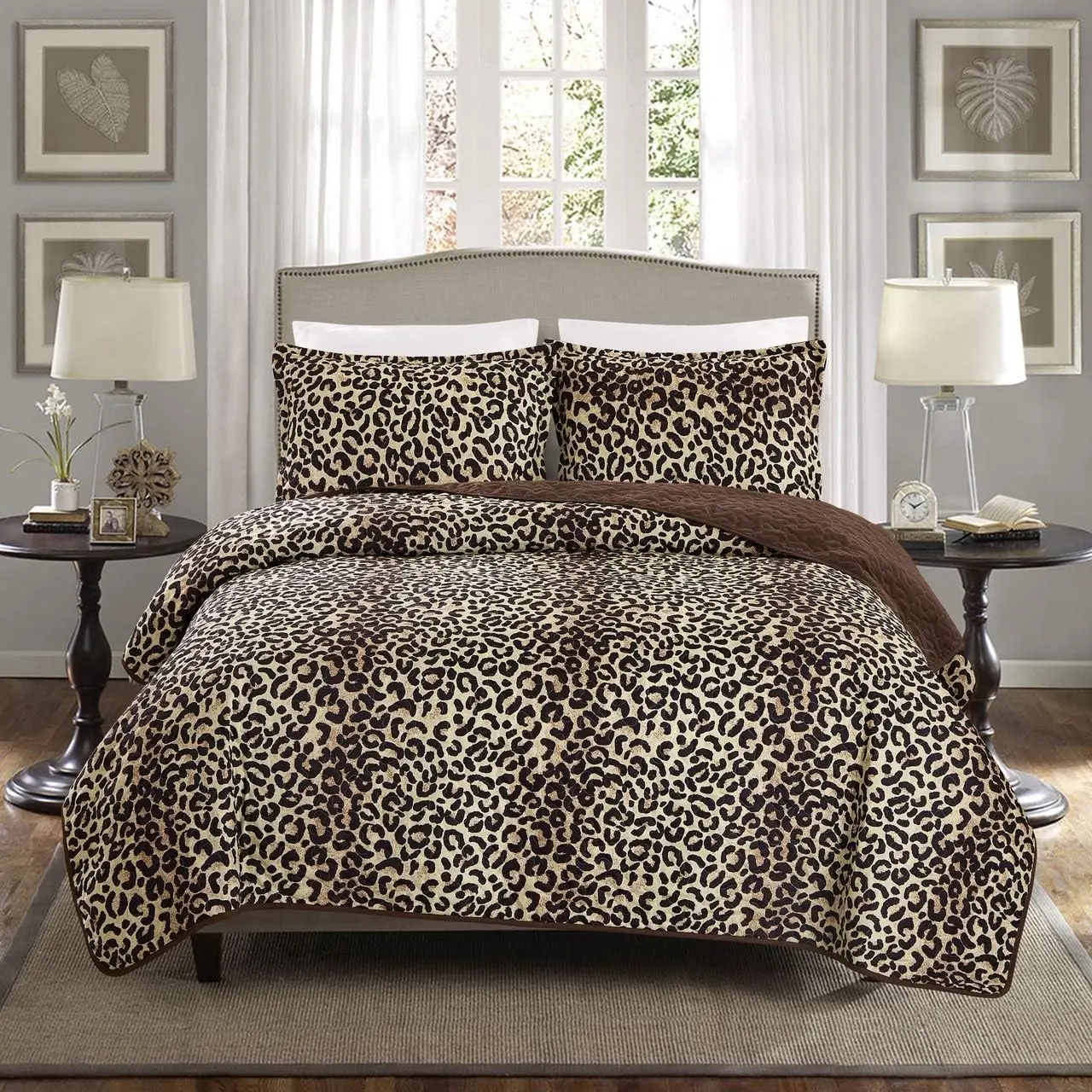 3- Fine  Print Oversize (100" X 95") Quilt Set, Bedspread Coverlet  Size Bed Cover (Brown, Black Leopard Print)
