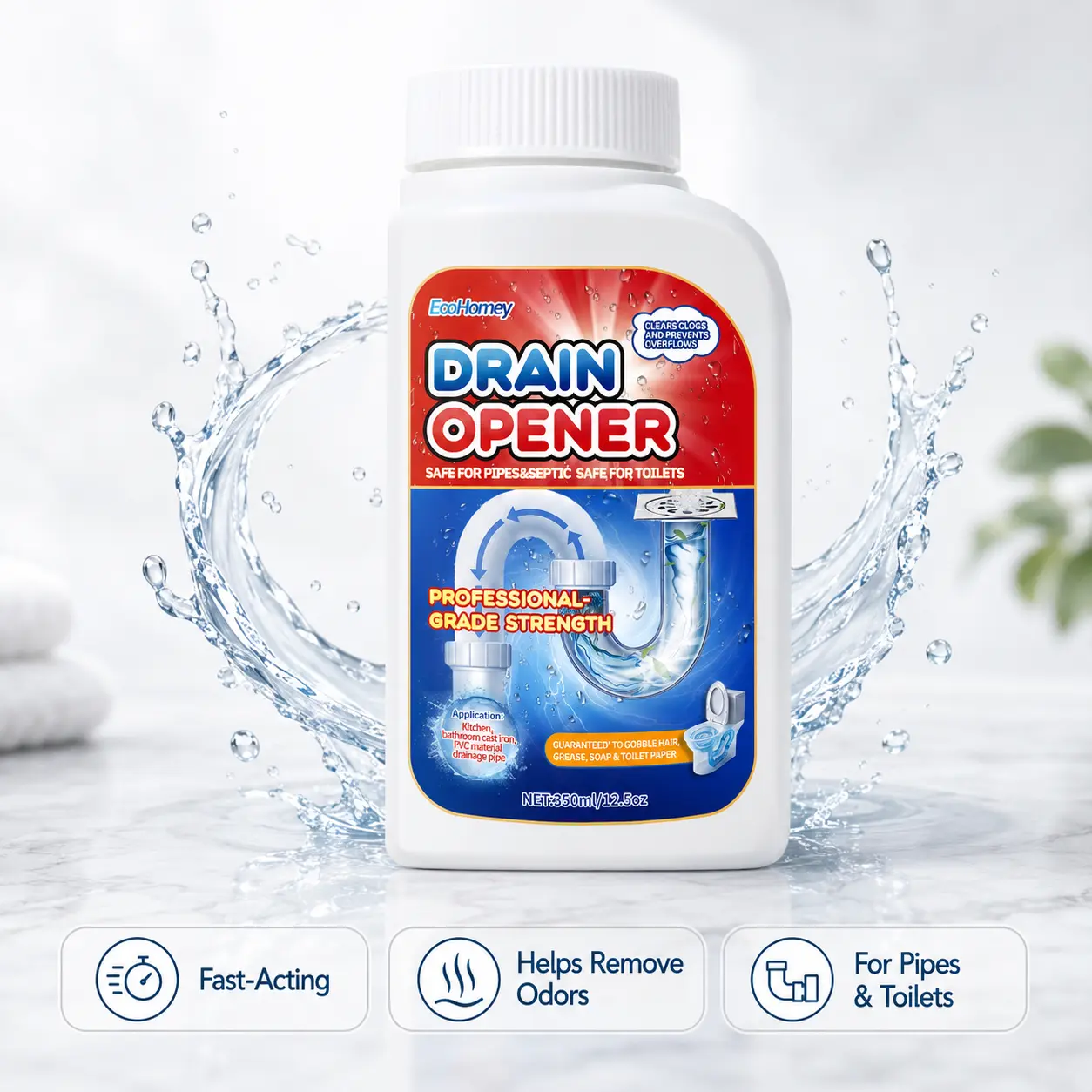 Drain Cleaner Powder Value Pack, Fast-Acting Formula for Kitchen, Bathroom, Toilet, Bathtub, Floor Drain and Laundry Sink, Helps Keep Household Drains Flowing Smoothly