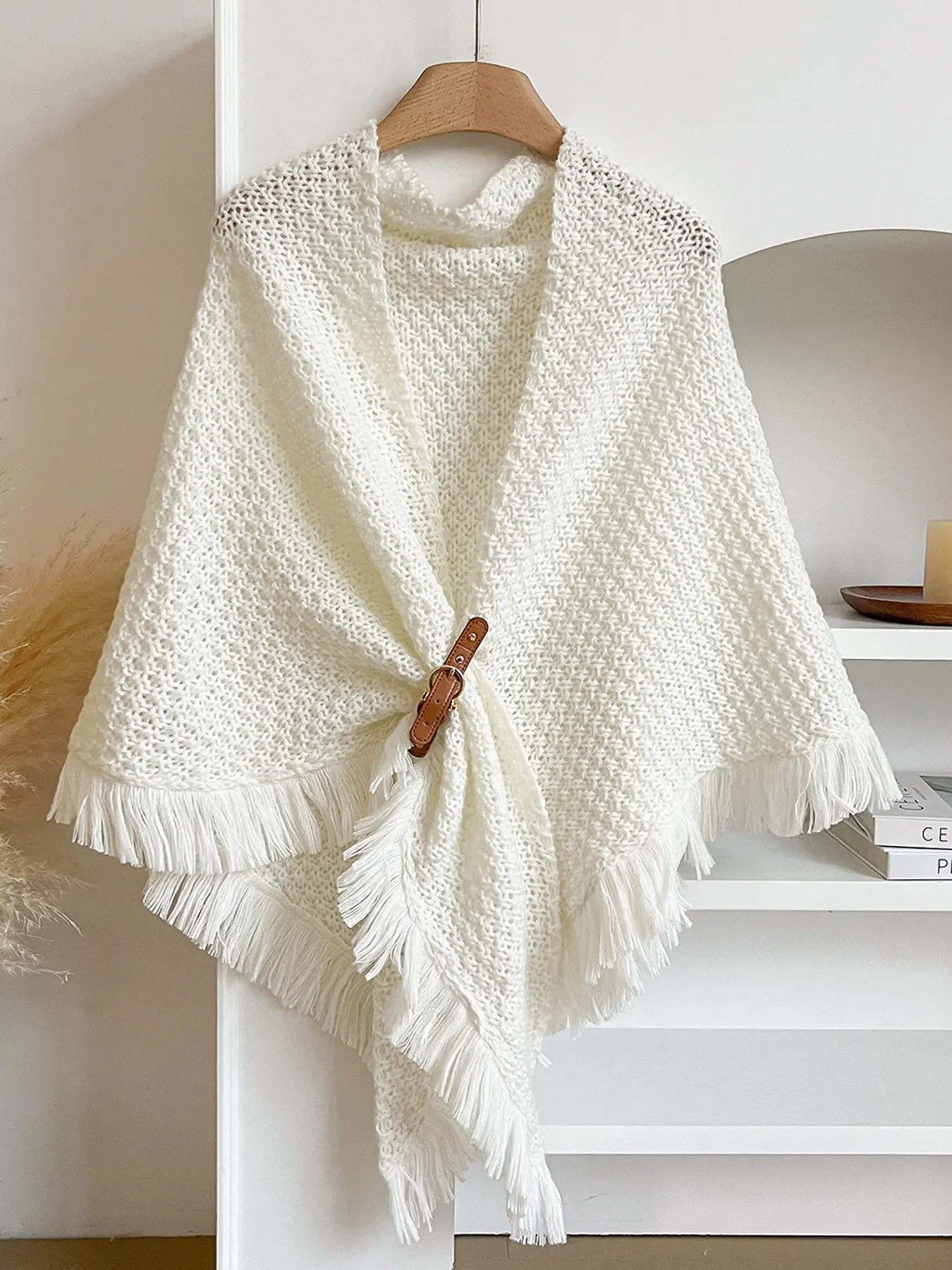 Elegant Solid Color Fringe Knit Fashion Shawl for Women, Autumn Winter Warm Versatile Outerwear, Casual Fitted Plain Design, Trendy Solid Shawl