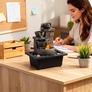 Tabletop Desktop Indoor Fountain 10.04" Tier Design with Imitation Stone Indoor Waterfall River Rocks & Resin Material for Serene Meditation & Relaxation Ideal for Home & Office Decor