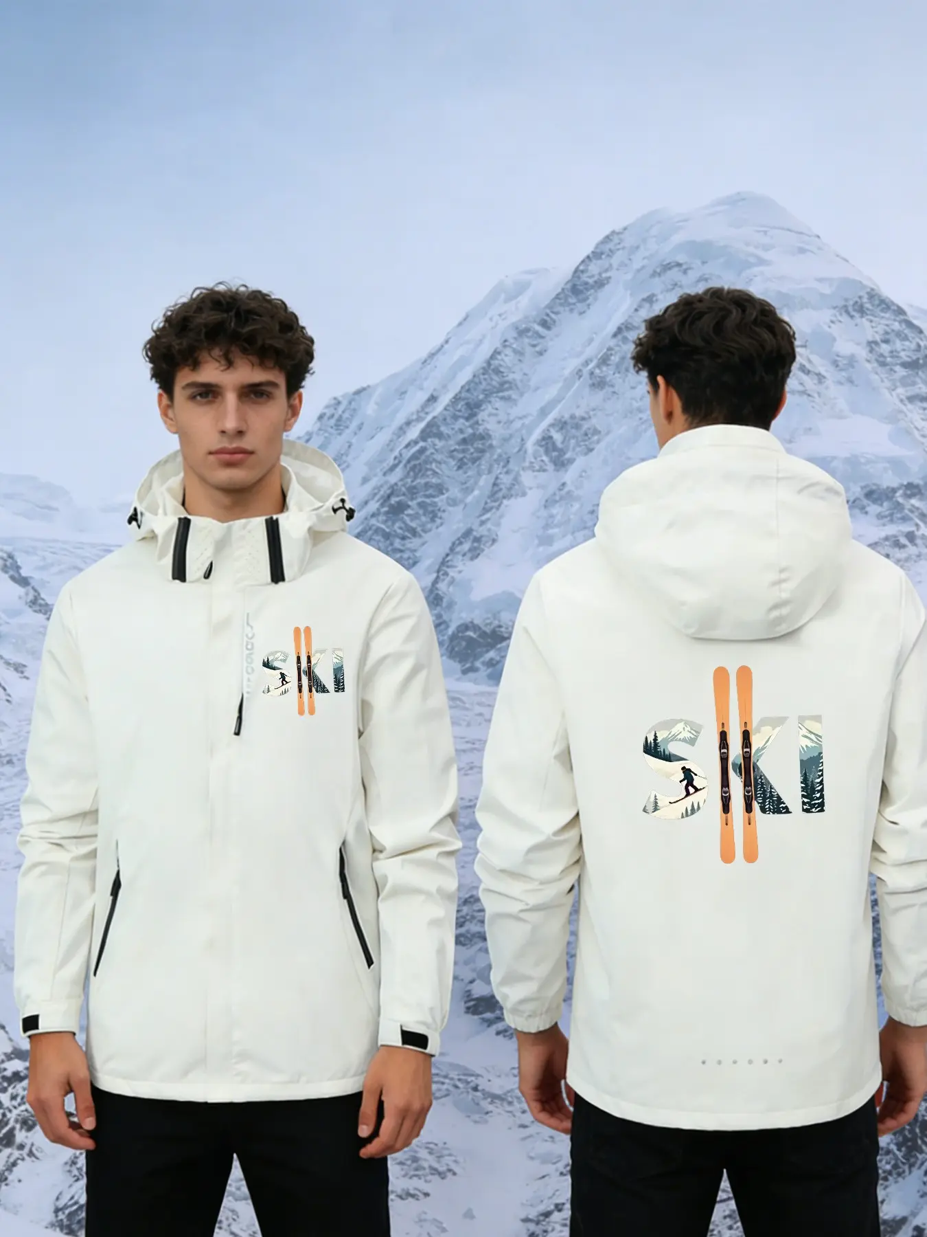 Men's Detachable Hat Jacket Coat Ski Jacket with Graphic Print, Lightweight Windproof Ski Outerwear, Full Zip Hooded Design, Spring & Fall Casual Style