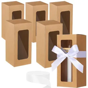 Gift Box with Clear Window, 5 Counts Kraft Paper Gift Box with 1 Roll Ribbon, Gift Wrapping Supplies for Birthday Wedding Party