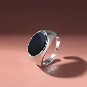 925 Sterling Silver Rings for Women Men Couple Minimalist Handmade Simple Black Stone Ring Party Fashion Jewelry Gift Prevent Allergy