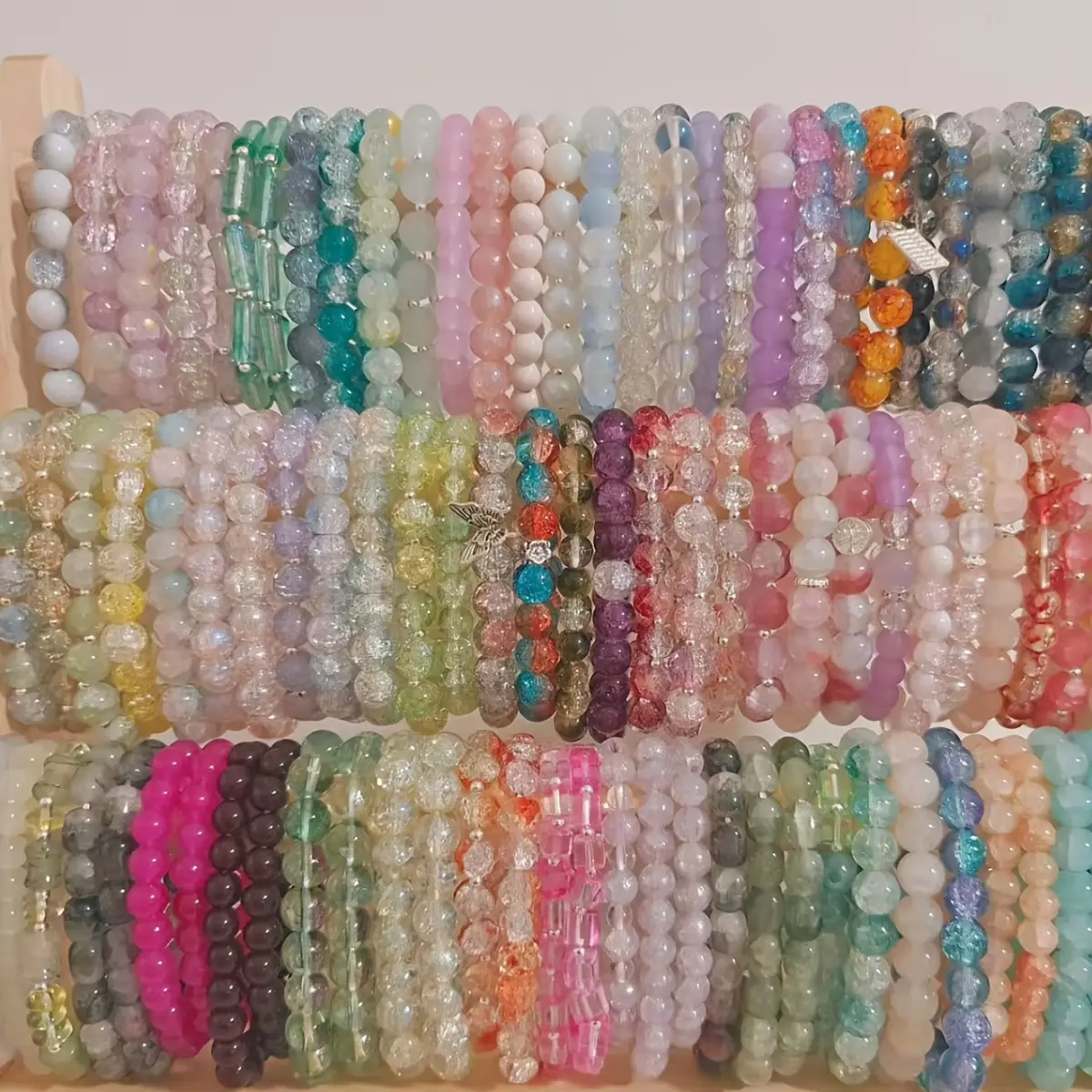 Unisex 8mm Colorful Glass Crackle Bead Handmade String Bracelet Sets (12/24/48pcs, 12pcs Mix Color Option) - Bracelets for Women, Casual Daily Wear, Ideal Friend Gift