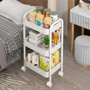 3-Tier Rolling Storage Cart, Multifunctional Utility Organizer Rack, No Assembly Needed, Space-Saving Storage Shelf for Kitchen, Bathroom, Bedroom, Office, Laundry & Garage (White)