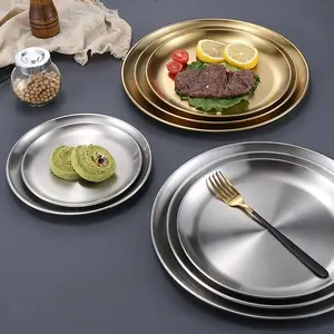 2pcs Stainless Steel Round Plates, Brushed Metal Finish, Dessert and Appetizer Serving Plates, Korean-style Barbecue Plate, for Western Cuisine, All-season
