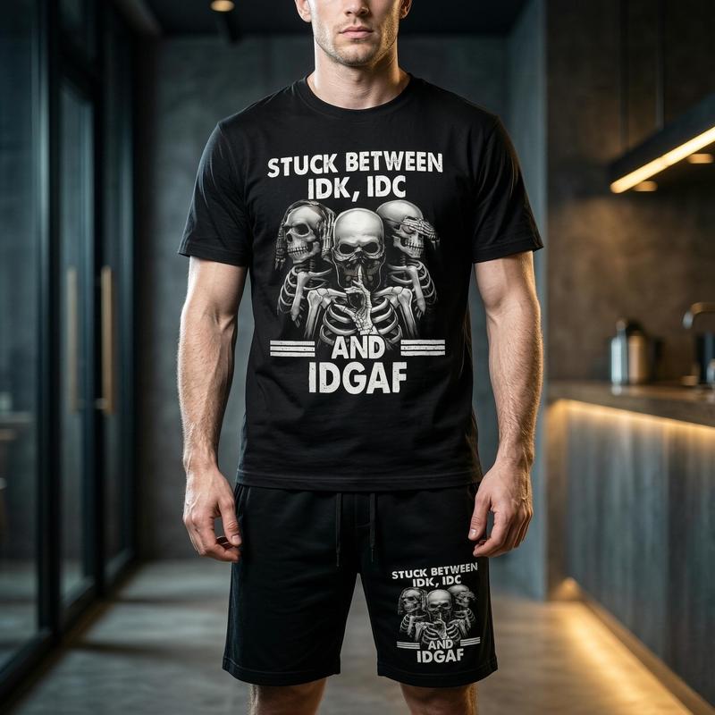 Men's 2-Piece Printed Polyester T-Shirt and Shorts Set, Oversized Crew Neck Short-Sleeve Streetwear with Sassy Skull Quote Graphic