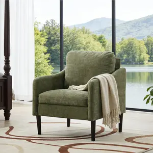 Mid Century Modern Accent Chair, Chenille Fabric Armchair with Curved Arms, Upholstered Reading Chair – Cloud Single Sofa for Living Room, Bedroom, Office, Waiting Room