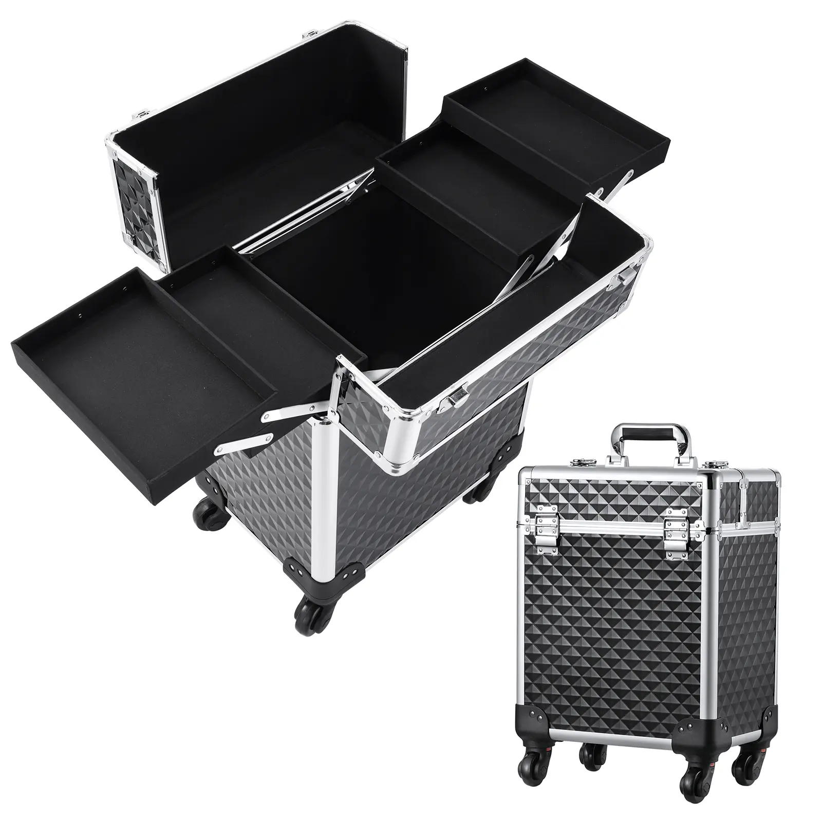Rolling Makeup Train Case Professional Cosmetic Train Case Trolley with Trays Large Cosmetology Case on Wheels Barber Salon Suitcase