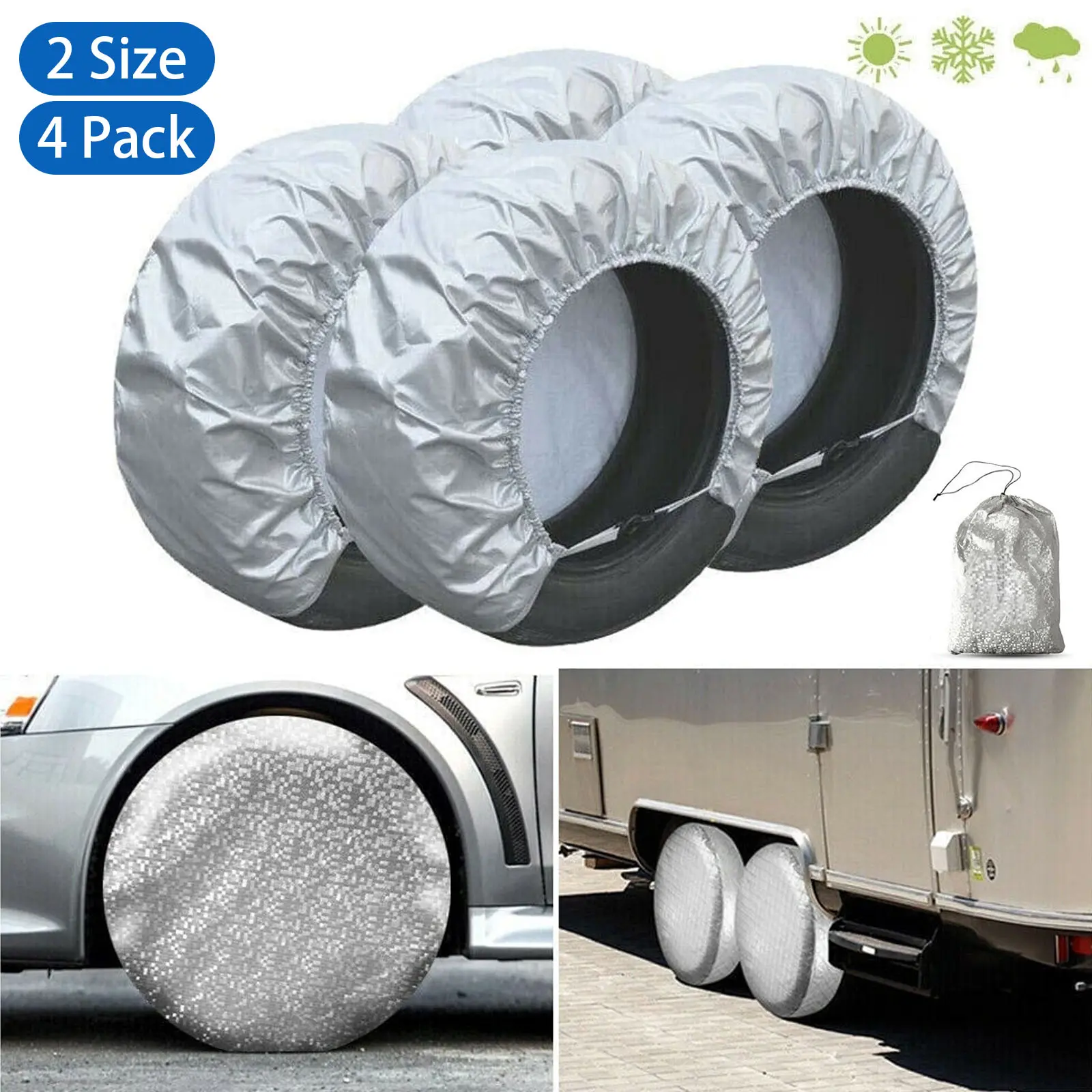 HOMEYA Waterproof Tire Covers Set of 4 Wheel & Tyre RV Trailer Camper Truck SUV Aluminum Film Tough Tire Wheel Sun Protector Fits 26" to 30" Tire Diameters (4Pcs)