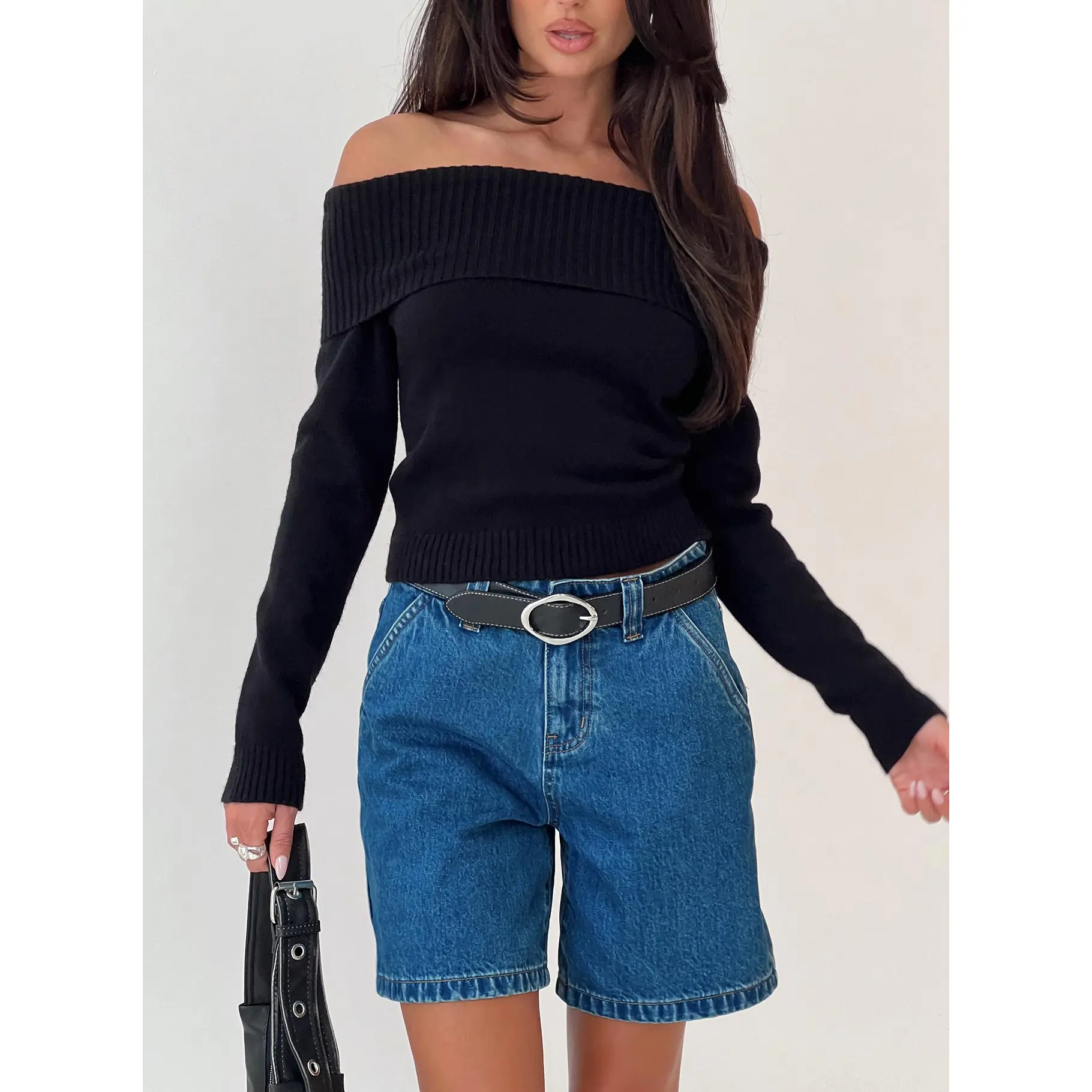 One For Me Off The Shoulder Long Sleeve Sweater Black