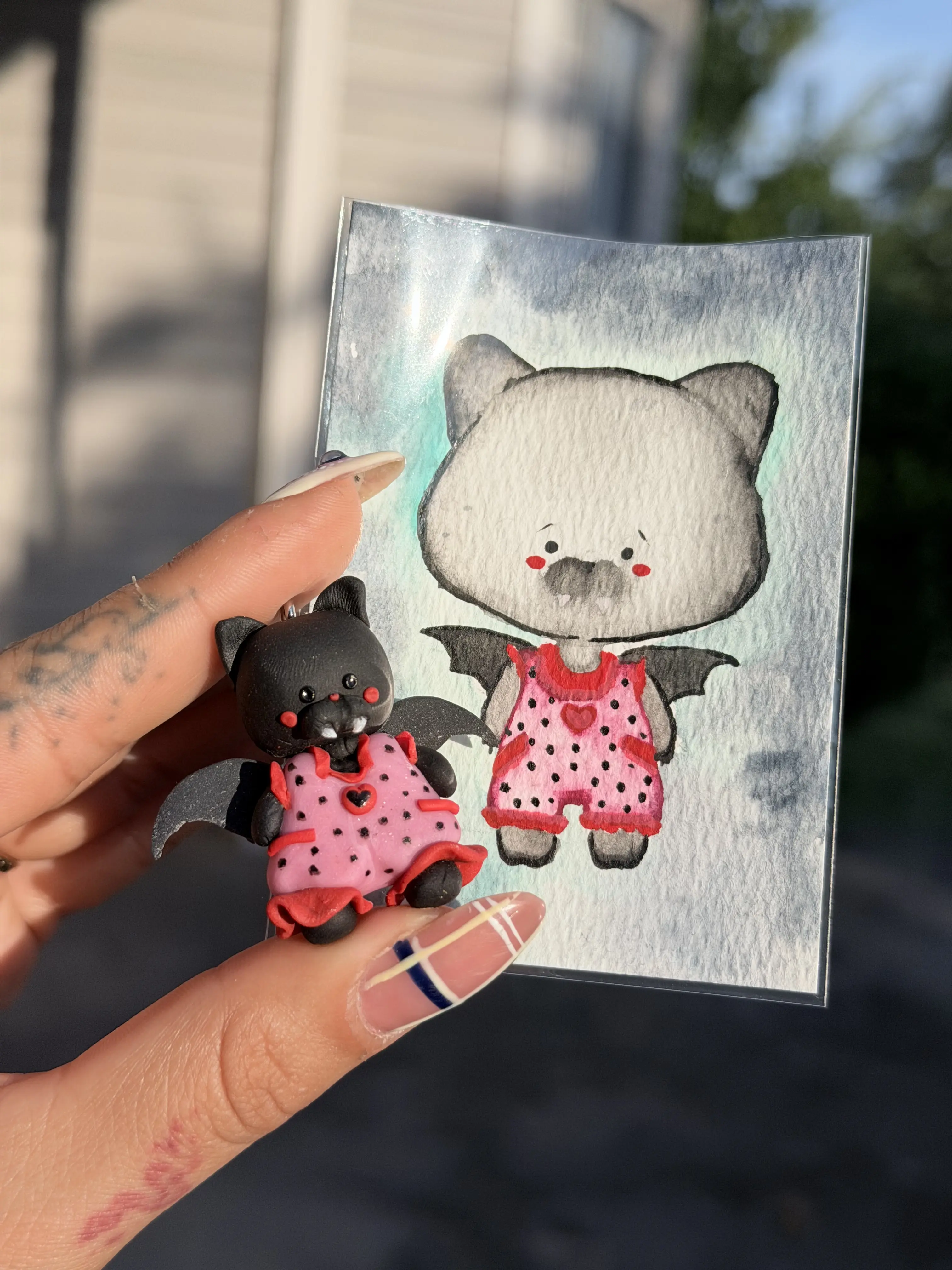 Bat critter polymer clay charm with ACEO art