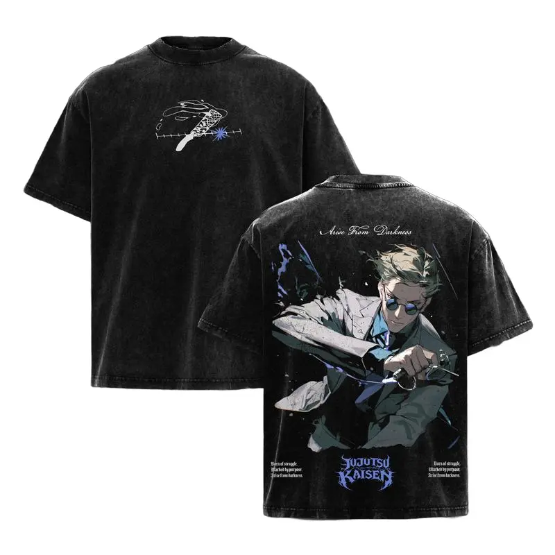 Kento Nanami Jujutsu Kaisen Graphic Tee Hoodie Vintage Acid Wash Oversized T-Shirt Retro Anime Streetwear Manga Apparel Heavyweight Cotton Top for Men Women JJK Fans Jujutsu Kaisen Merch Gift Idea