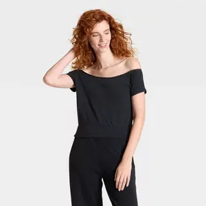 Women's Short Sleeve Off the Shoulder Suede Top - Universal Thread Black M