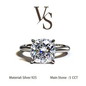 [Venus Jewelry] Synthetic Mossianite 5 CCT Cushion Cut Solitare Dainty Design Solid Silver 925 Ring