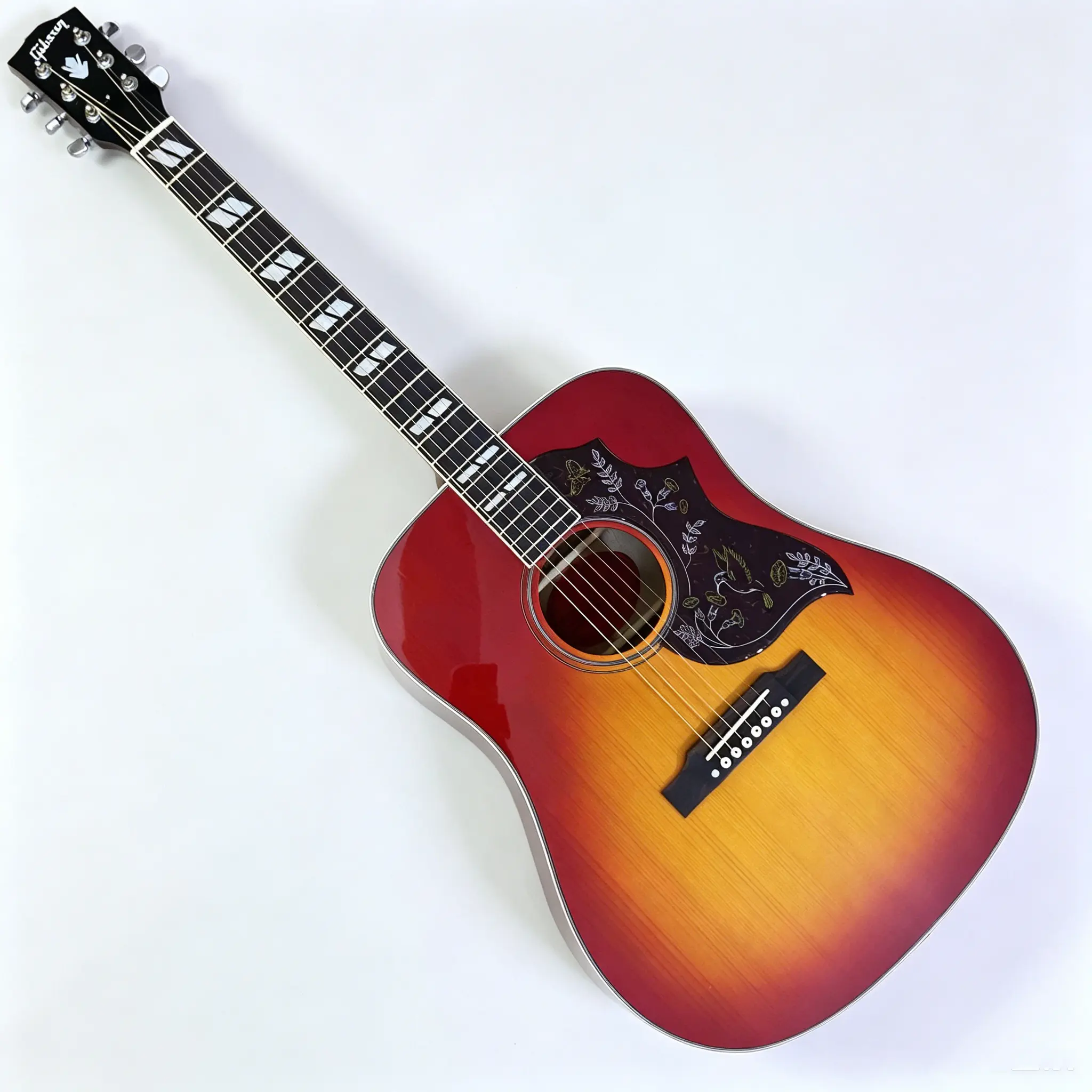 Wooden D45 6-String Acoustic Guitar for Musicians - Gloss Cherry Sunburst Gradient Finish, Solid Spruce Solid Wood Top, Rosewood Back Panel, Exquisite Bird Motif Floral Pattern Pickguard, Square Diamond Pearl Inlay Fretboard, Stylish Guitar