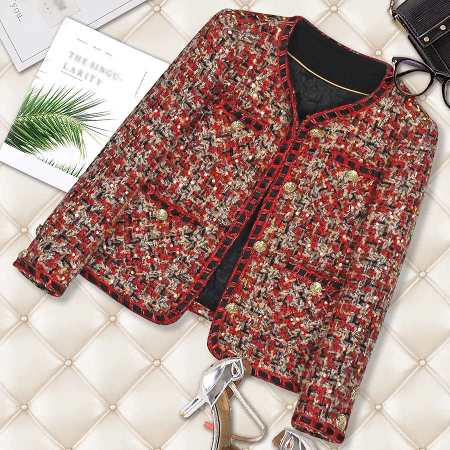 DS Unique Design Women's Glitter Metallic Sequin Tweed Piece - High-End Fitted Long-Sleeve Round-Neck Button-Front Red Style Coats, Longsleeves, Fitted Cut, Temperate, Lady, Sleeved, Sparkly