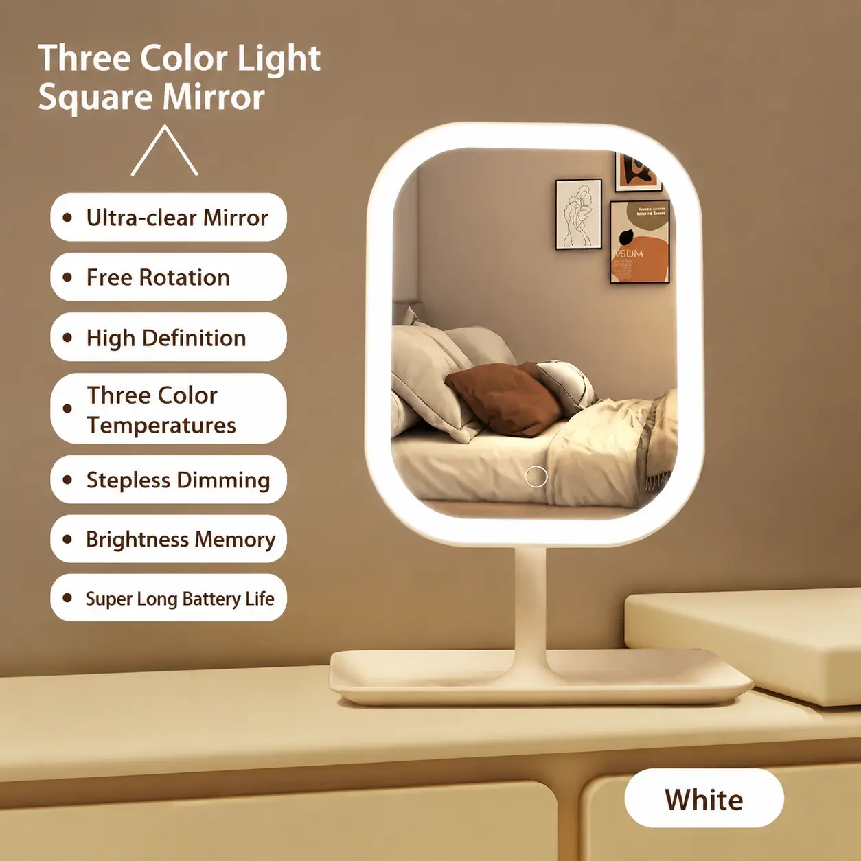 3 Color Temperature LED Makeup Mirror, Rotatable HD Stepless Dimming Lighted Vanity Mirror with Brightness Memory & Storage Tray | Rechargeable Rotatable Lighted Mirror Perfect For Daily Makeup