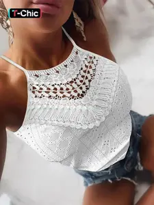 Women's halterneck jacquard knitted vest top Halter Neck Sleeveless with lace lace panels for women's chic casual wear Elegant Comfy Cami