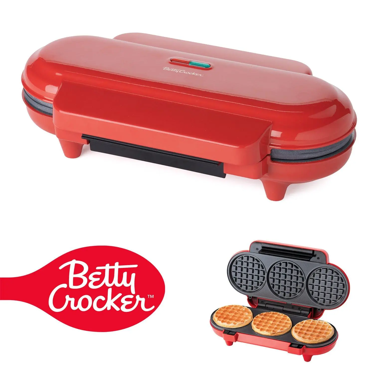 Betty Crocker Mini Waffle Maker, 550W Compact Kitchen Appliance, Quick & Even Heat for Home and Kitchen, Makes 4.5" Waffle, 4.9" Non-Stick Plates, Recipes Included, BC-4888R, Red, Nonstick Waffle Maker, Kitchen Appliances