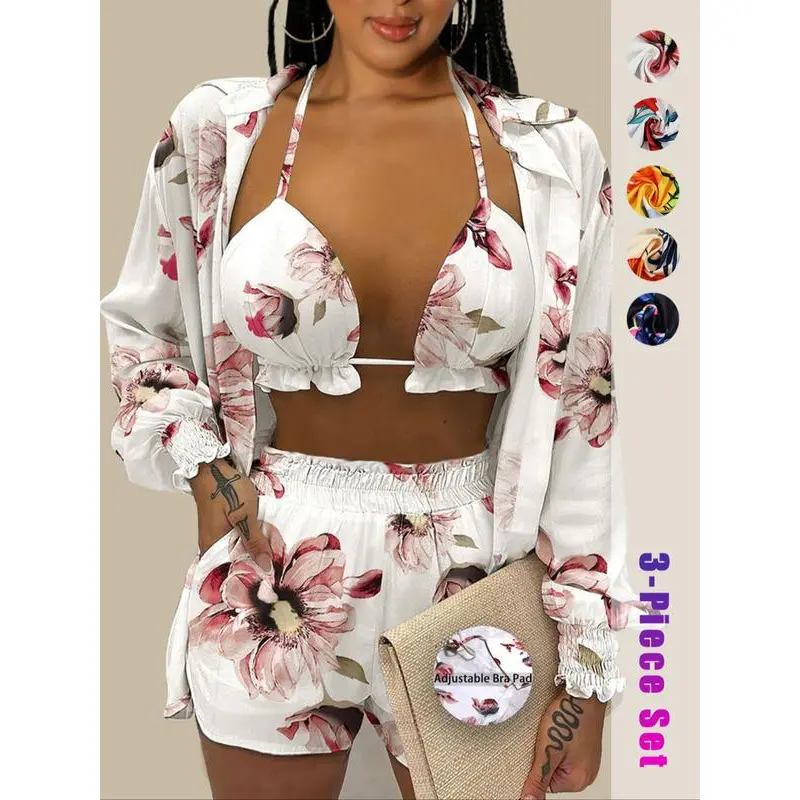 Three-piece Set Women's Floral Print Frill Trim Halter Top & Shirred Shirt & Shorts Set, Long Sleeve Top & Boho Shorts & Crop Cami Top for Beach Holiday Vacation, Ladies Summer Clothes, Womenswear