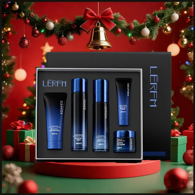 5-Piece Black Spruce Men's Oil-Control & Brightening Skincare Set - With Norwegian Spruce Extract, Salicylic Acid,  Improves Dryness/Roughness/Dullness, Hydrates, Smoothes Skin, For Men, Brightening Skin Routine, Autumn/Winter Care, Holiday/Christmas Gift