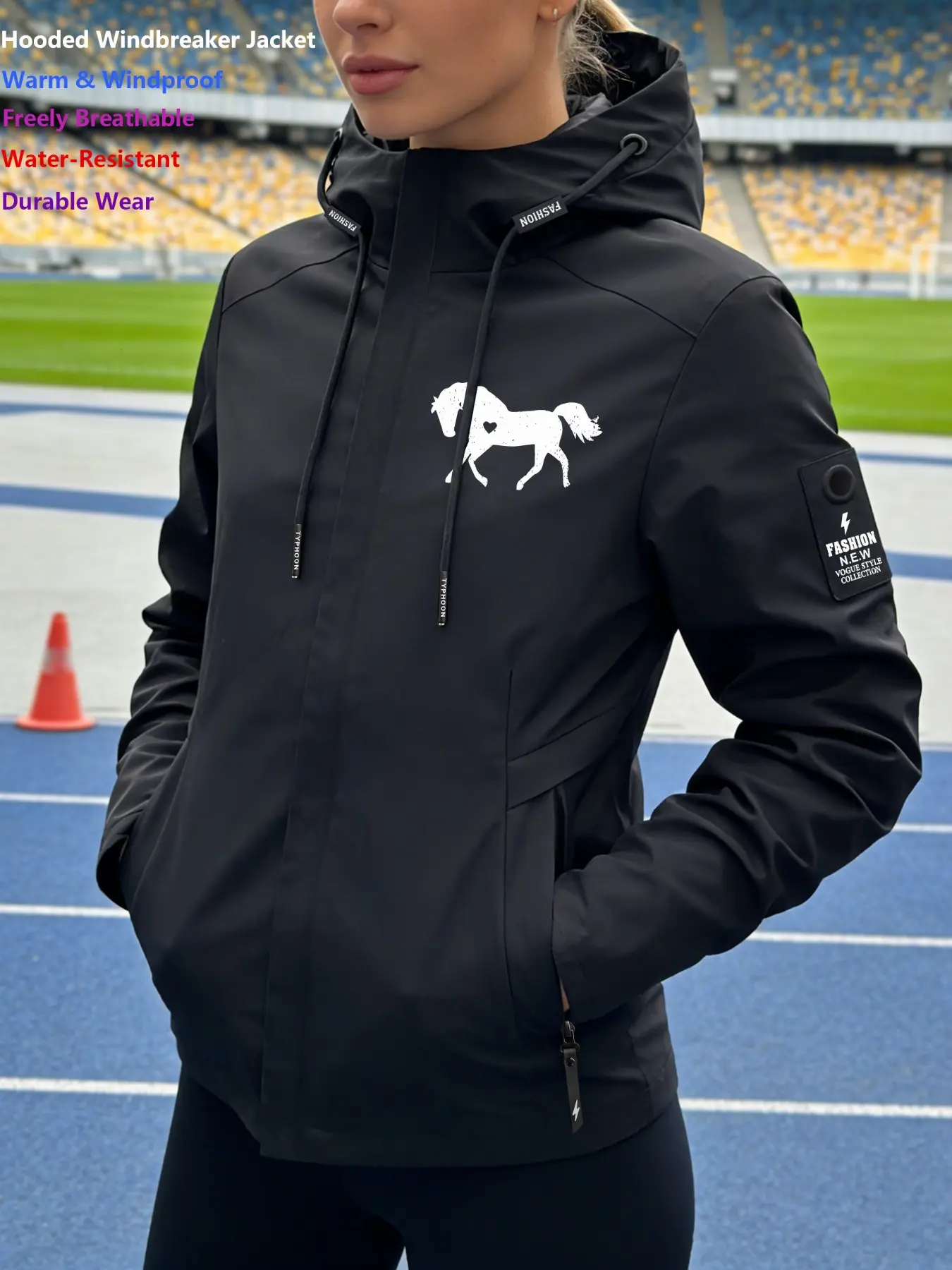 Women's Stylish Hooded Windbreaker Jacket Heart Accent Graphic Horse Front Print Outdoor Windproof Coat Lightweight Yet Warm Water-Resistant Breathable Durable for Young Ladies Daily Commute Leisure Outings in Spring Autumn Winter