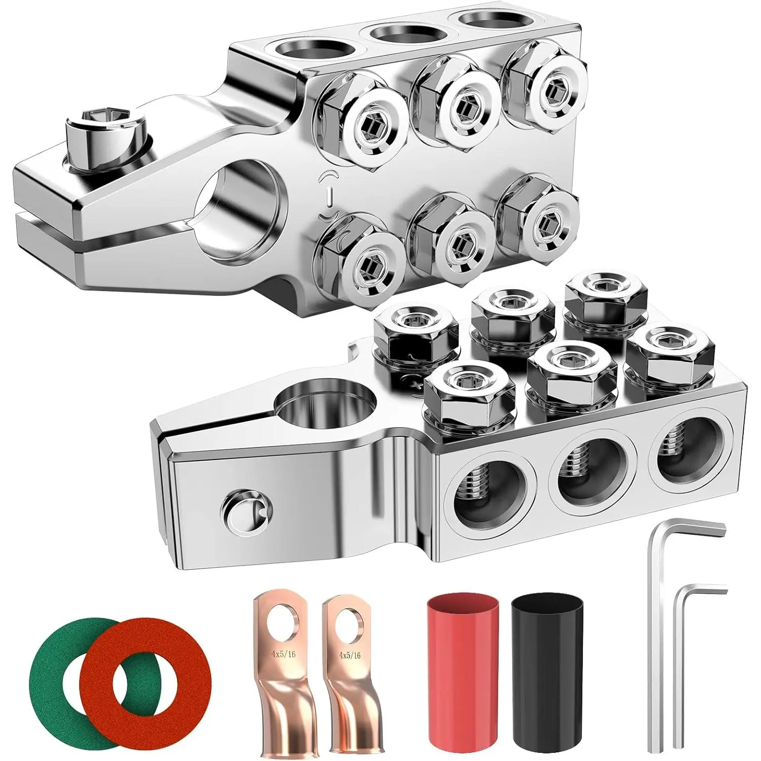 GJANSH Battery Terminal Connectors, 12-Way Battery Terminal Clamps, Battery Terminals Top Post 8AWG up to 4/0(XL) AWG Gauge, Positive and Negative (+/-)(1 Pair) for SAE/DIN/EN Tapered Top Post,fathersdaygift