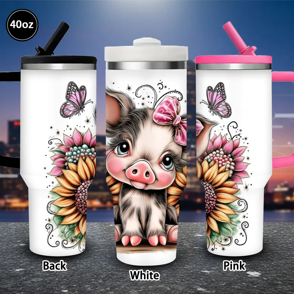 40 oz Cute Pig Floral Vacuum Flask Tumbler with Sunflower & Butterfly Design, Lid & Straw - Winter Insulated Drinkware Tumbler for Adults, Birthday Gifts, Hot/Iced Coffee (1 Pc)