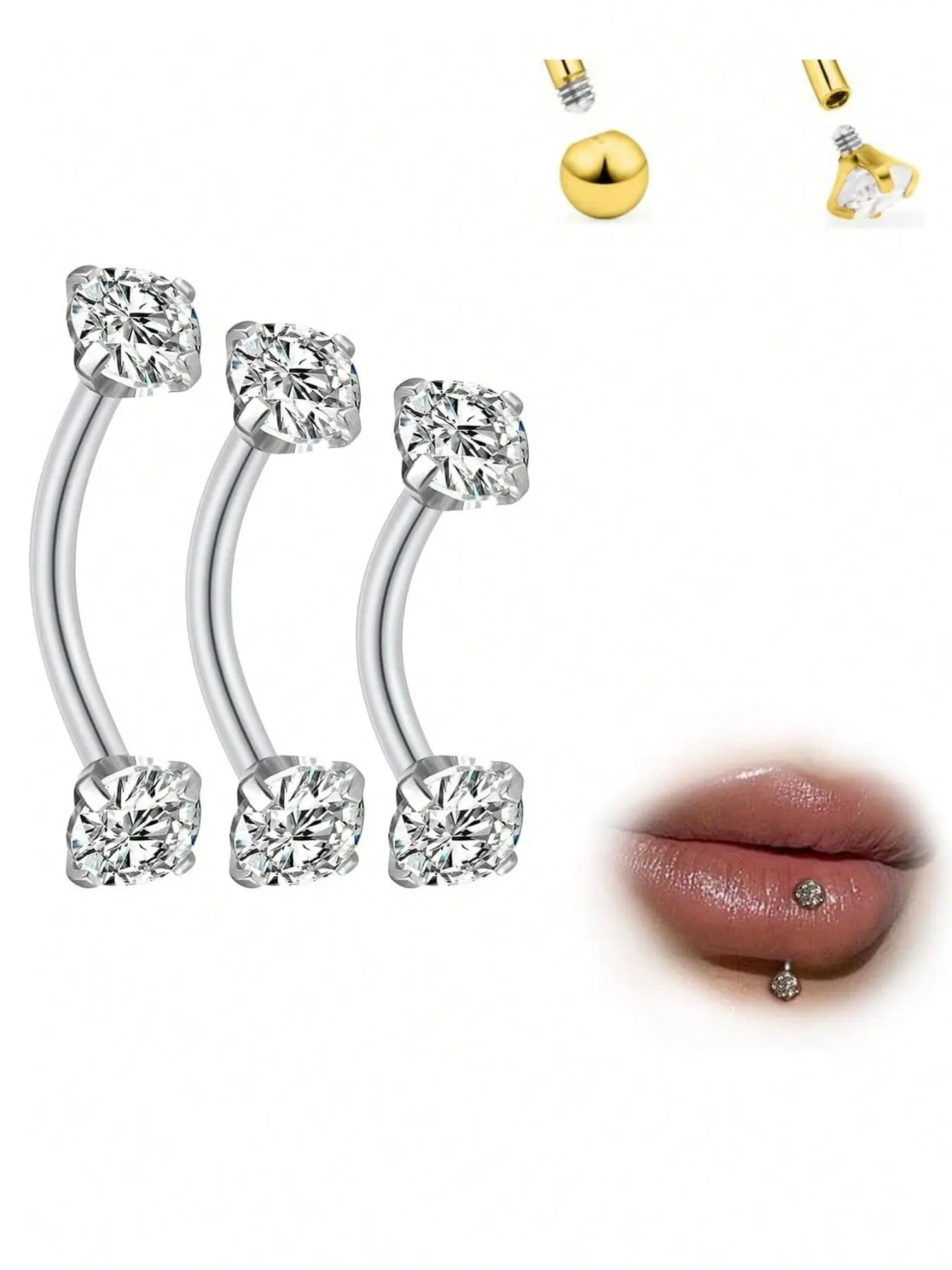 3-Piece Stainless Steel Jewelry Set, Body Piercing Jewelry, Body Jewellery, Eyebrow Lip Belly Button Piercing Rings, Cz Cubic Zirconia Styles, 6-10mm Sizes, All Season Wear