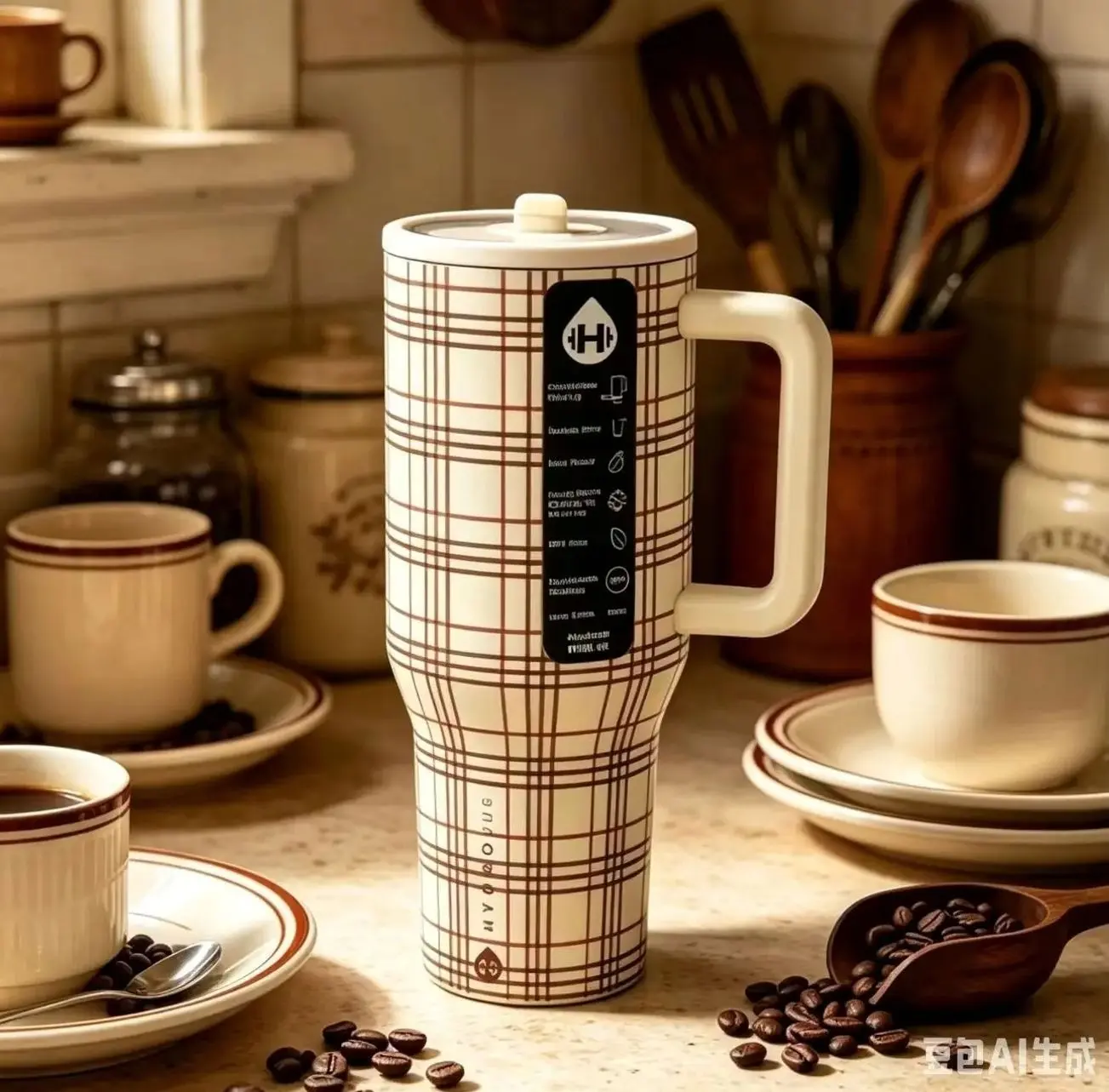 40oz Vintage Neutral Plaid Insulated Tumbler Cup, Classic Brown-Red Tartan Check, Handle & Flip Straw Lid, Heat Resistant, Cup Holder-Friendly Lightweight Mug for Cowboy Lovers, Keeps Ice 24+ Hours, Hand Wash Only