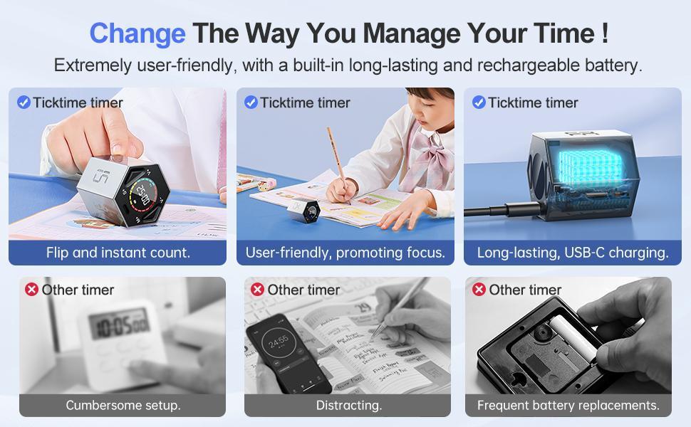 【Limited time】Ticktime Pomodoro Timer Cube, Productivity Timer, Pause & Resume, Silent & Adjustable Sound Alert, for ADHD, Task, Work, Study, 3/5/10/15/25/30min & Custom Countdown