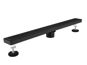 28" Black Linear Shower Drain with Removable Square Pattern Grate, 304 Stainless Steel Rectangular Shower Floor Drain, Linear Drain Leveling Feet, Hair Strainer