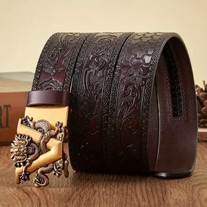 Men's Ratchet Leather Belt Engraved Vintage Dragon Leather Ratchet Belt for Men Eagle Button Belt Adjustable Brown